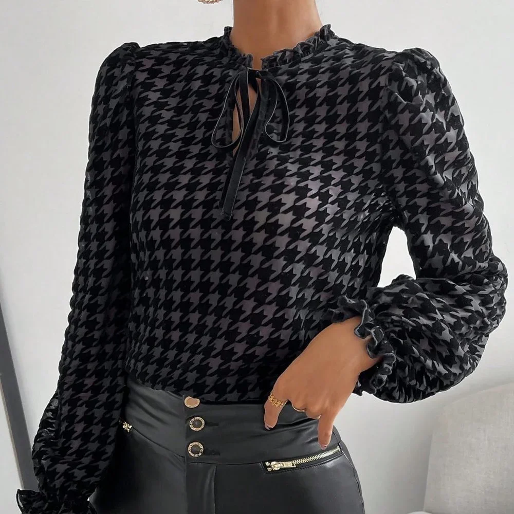 Houndstooth Print Tie Neck Flare Sleeve Top Black - Picture 4 of 5